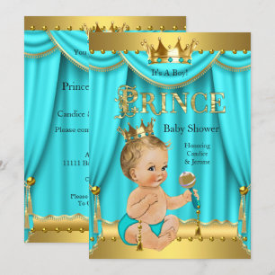 Crown Prince Baby Shower Gold Aqua Teal Blonde Boy Invitation