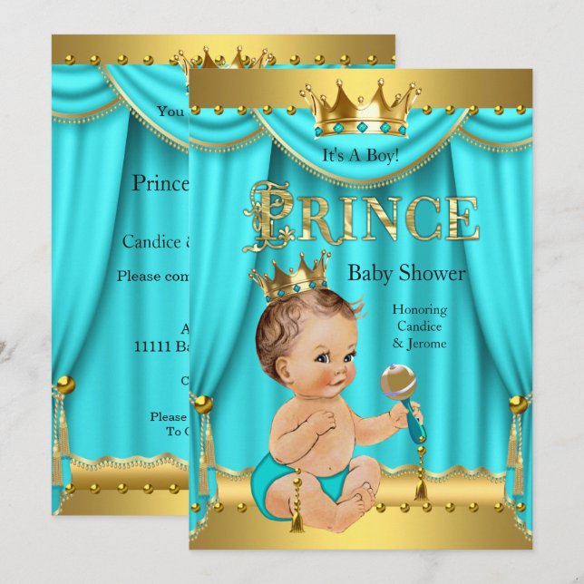 Crown Prince Baby Shower Gold Aqua Teal Brunette Invitation (Front/Back)