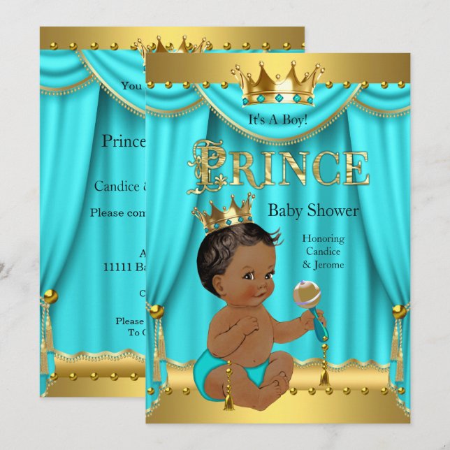Crown Prince Baby Shower Gold Aqua Teal Ethnic Invitation (Front/Back)