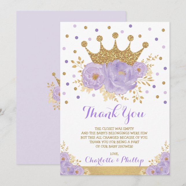 Crown Princess Baby Shower Purple Gold Floral Thank You Card (Front/Back)