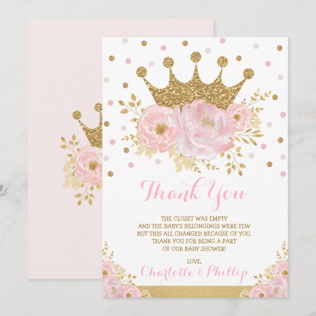 Crown Princess Baby Shower Royal Blush Gold Floral Thank You Card (Front/Back)