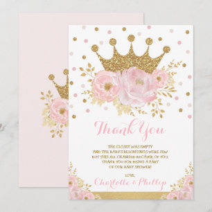 Crown Princess Baby Shower Royal Blush Gold Floral Thank You Card