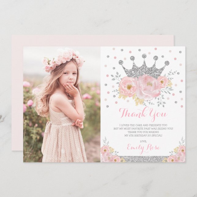 Crown Princess Blush Pink Silver Birthday Photo Thank You Card (Front/Back)