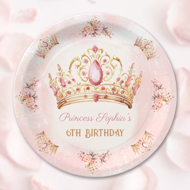 Crown Princess Pink Floral Gold Girl Birthday Paper Plate (Crown Princess Pink Floral Gold Girl Birthday Paper Plates)