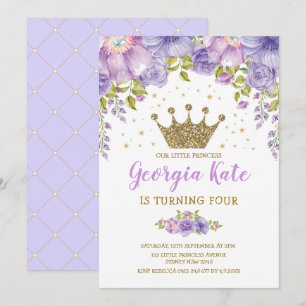 Crown Princess Purple Floral 1st Birthday Party Invitation