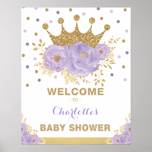 Crown Princess Purple Floral Baby Shower Welcome Poster (Front)