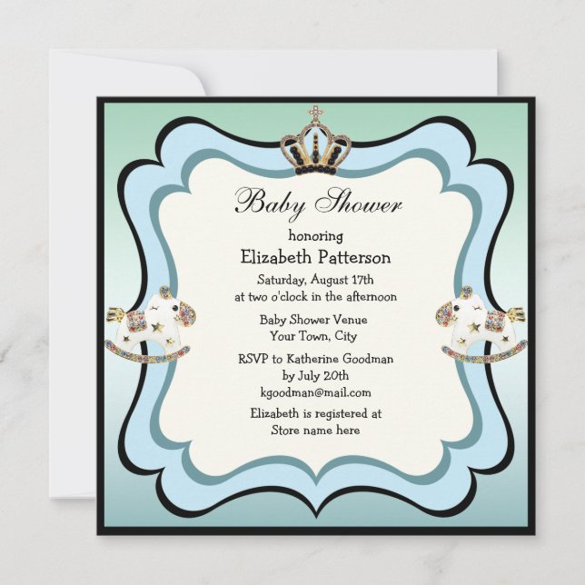 Crown & Rocking Horses Blue Baby Shower Invitation (Front)