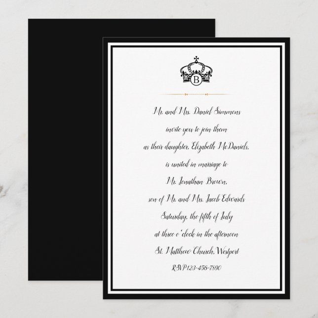Crown Royal Black White and Gold Wedding Invitation (Front/Back)
