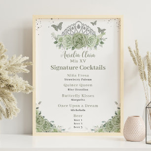 Crown Sage Green Floral Quinceanera Bar Drink Menu Poster