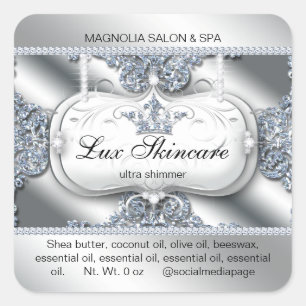 Crown Salon Glitter Silver Square Sticker