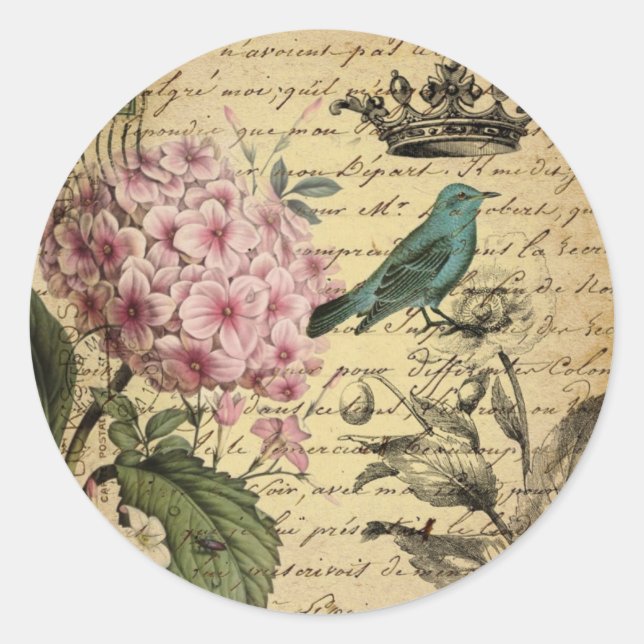 crown script hydrangea bird french botanical classic round sticker (Front)