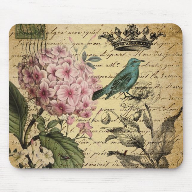 crown script hydrangea bird french botanical mouse mat (Front)