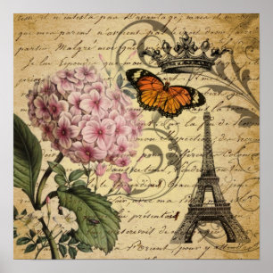 crown script hydrangea bird french botanical poster