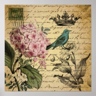 crown script hydrangea bird french botanical poster