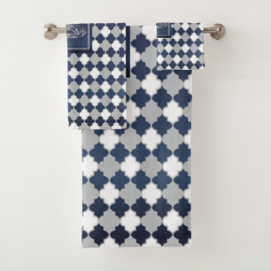 Crown Slate Blue, Grey and White Quatrefoil Bath Towel Set