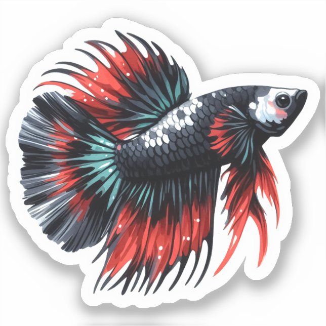 Crown Tail Betta Fish Black White and Red (Front)