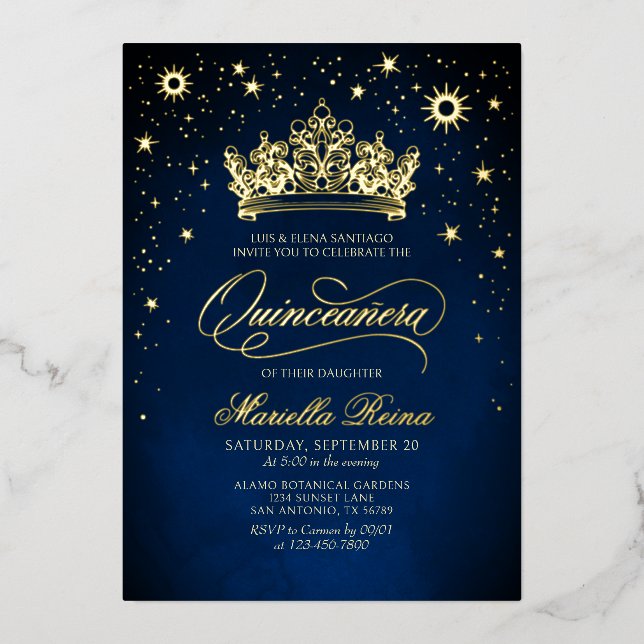 Crown Tiara Navy Gold Quinceañera Invitation (Front)