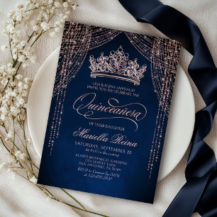 Crown Tiara Navy Rose Gold Quinceañera Invitation