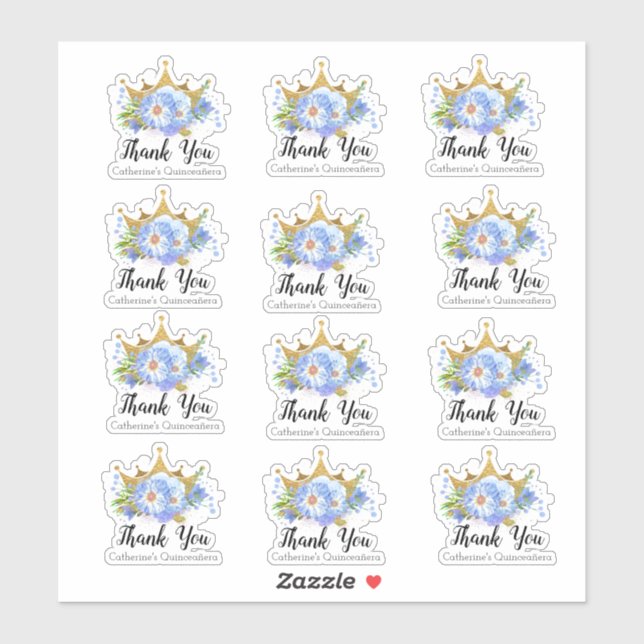 Crown with Blue Flowers Quinceañera Thank You Set (Sheet)