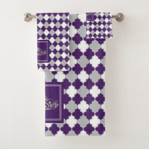 Crown with Plum Purple, Grey and White Quatrefoil Bath Towel Set
