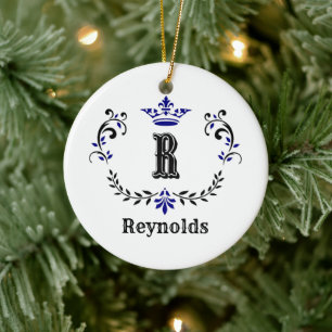 Crown Wreath Monogram 'R' Personalised Ceramic Tree Decoration