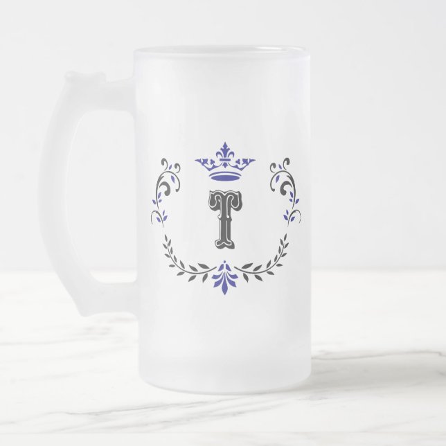 Crown Wreath Monogram 'T' Frosted Glass Beer Mug (Left)