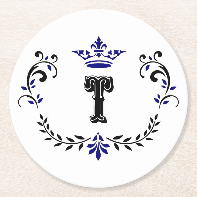 Crown Wreath Monogram 'T' Round Paper Coaster (Front)