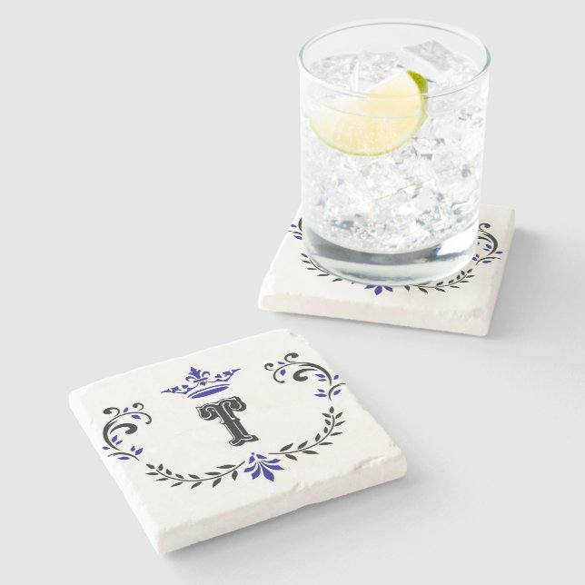 Crown Wreath Monogram 'T' Stone Coaster (Side)
