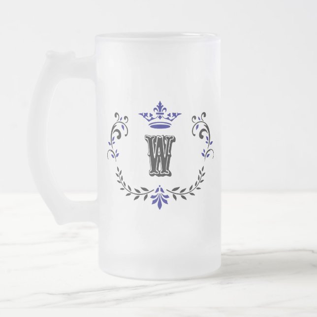 Crown Wreath Monogram 'W' Frosted Glass Beer Mug (Left)
