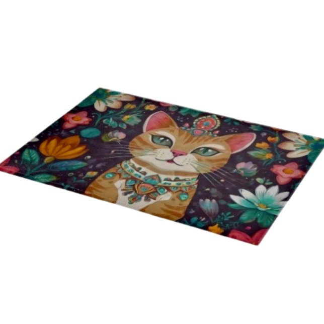 Crowned Bejewelled Cat Cutting Board (Glass Cutting Board – 5 different sizes. 100% food safe.  tempered glass Non-skid rubber feet. 
)