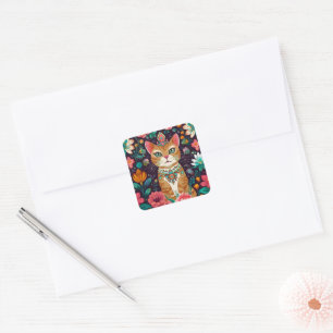 Crowned Bejewelled Cat  Square Sticker