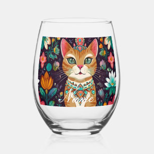 Crowned Bejewelled Cat Stemless Wine Glass