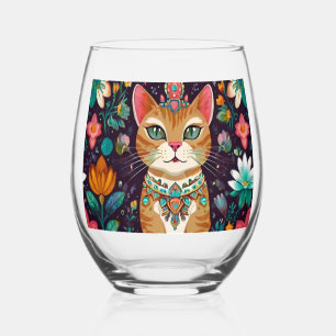 Crowned Bejewelled Cat Stemless Wine Glass
