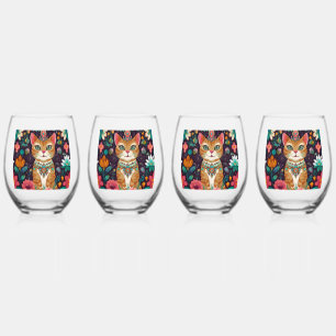 Crowned Bejewelled Cat      Stemless Wine Glass