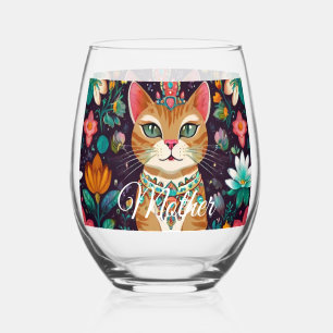 Crowned Bejewelled Cat Stemless Wine Glass