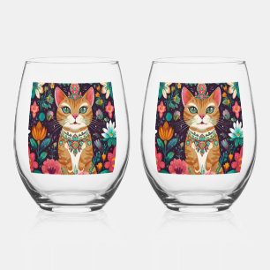 Crowned Bejewelled Cat Stemless Wine Glass