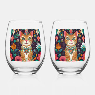 Crowned Bejewelled Cat      Stemless Wine Glass