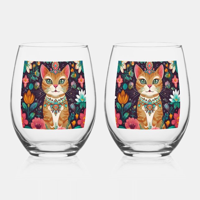 Crowned Bejewelled Cat      Stemless Wine Glass (Front)