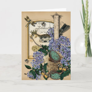 Crowned Birds In Nest  - Vintage Blank Note Card