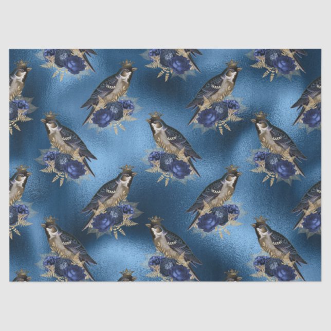 Crowned Birds with Flowers on Blue Decoupage Tissue Paper (Front)