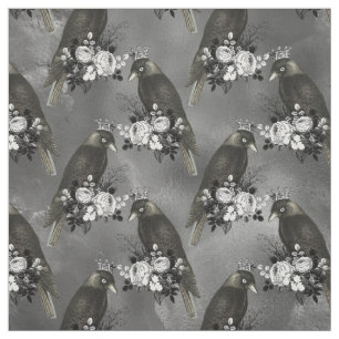 Crowned Black Birds and White Flowers on Grey Fabric