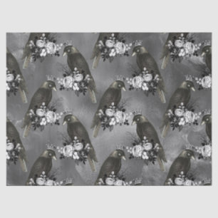 Crowned Black Birds and White Flowers on Grey Tissue Paper