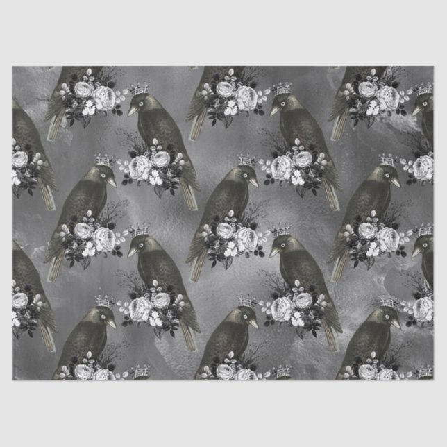 Crowned Black Birds and White Flowers on Grey Tissue Paper (Front)