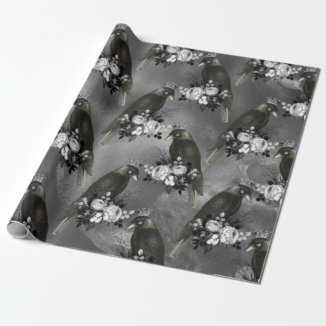 Crowned Black Birds and White Flowers on Grey Wrapping Paper (Unrolled)