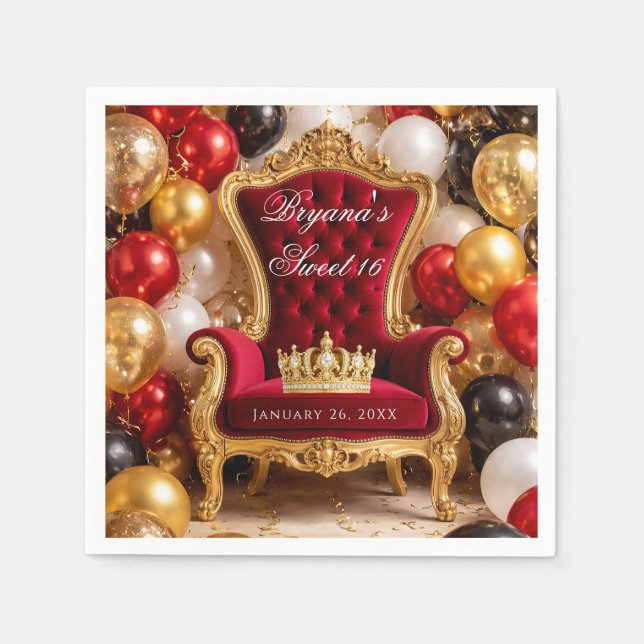 Crowned in Gold Royal Chair Birthday Party Napkin (Front)