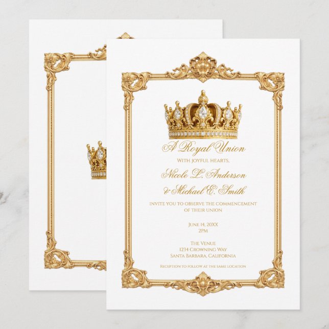 Crowned in Gold Royal Crown Elegant Wedding Invitation (Front/Back)