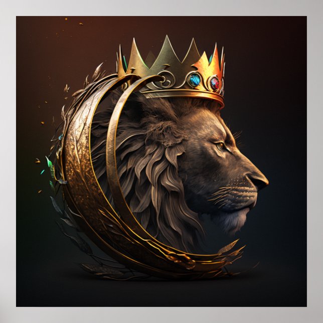 Crowned King Of The Jungle Lion in Gold Crown Poster (Front)
