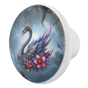 Crowned Moon Swan – Guardian of the Silent Lake. Ceramic Knob