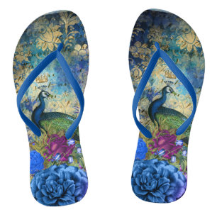 Crowned Peacock Blue and Purple Floral Flip Flops