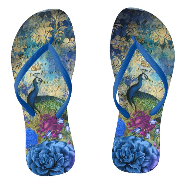 Crowned Peacock Blue and Purple Floral Flip Flops (Footbed)